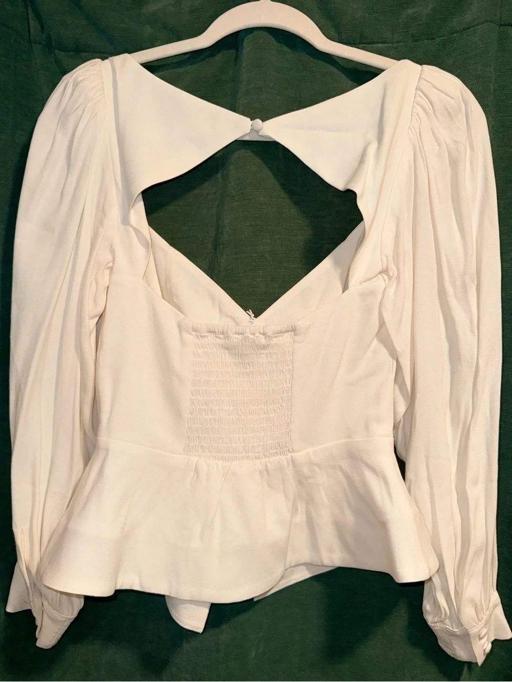 Reformation Ivory Peplum Long-Sleeve Top with Back Cutout